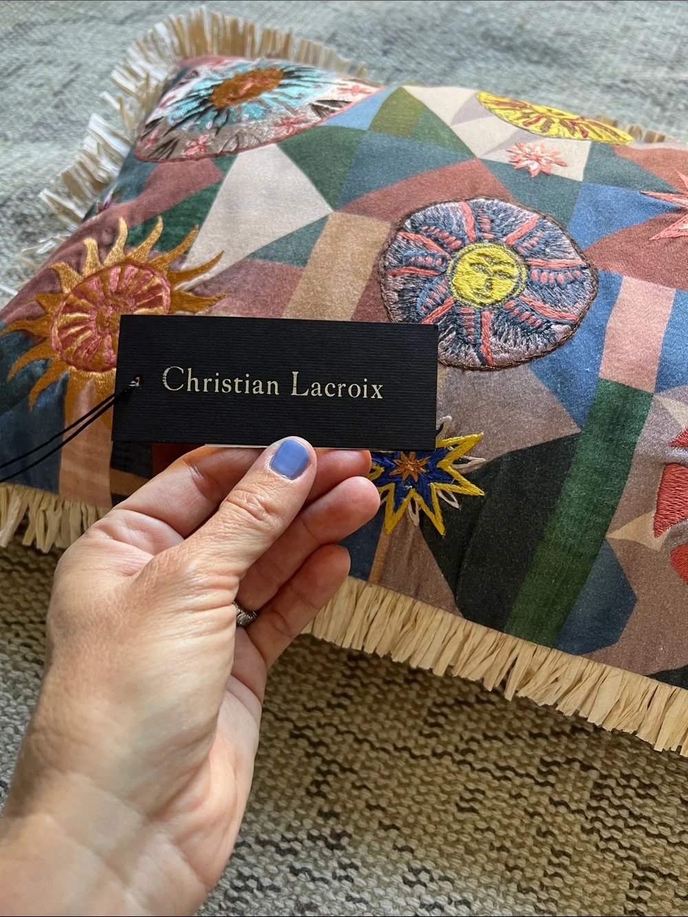 Christian Lacroix Multicolor Embroidered Sun Motif Pillow with Fringe